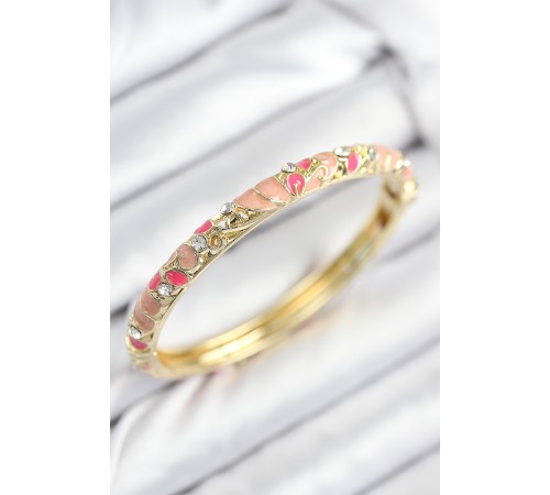 Mineli Pirinç Zirkon Taşlı Pembe Çiçek Motifli Gold Kadın Kelepçe - TJ-BB7818