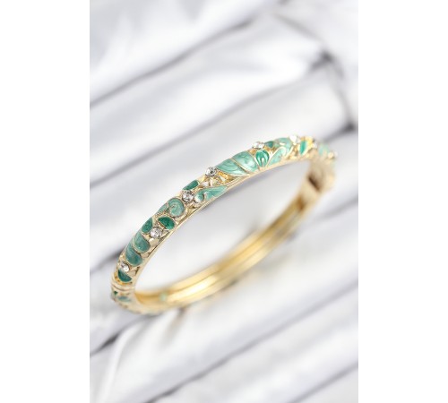 Mineli Pirinç Zirkon Taşlı Zümrüt Yeşili Çiçek Motifli Gold Kadın Kelepçe - TJ-BB7819