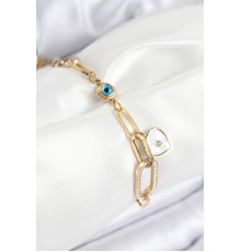 316L Çelik Nazar Boncuğu Ve Zirkon Taşlı Kalp Model Gold Renk Kadın Bileklik - TJ-BB7837