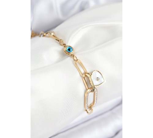 316L Çelik Nazar Boncuğu Ve Zirkon Taşlı Kalp Model Gold Renk Kadın Bileklik - TJ-BB7837