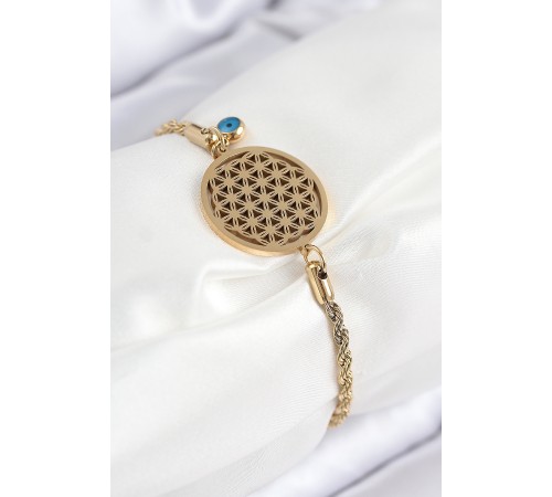 316L Çelik Nazar Boncuğu Detaylı Yaşam Çiçeği Model Gold Renk Kadın Bileklik - TJ-BB7838