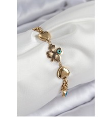 316L Çelik Nazar Boncuk Detaylı Yonca Model Gold Renk Kadın Bileklik - TJ-BB7832