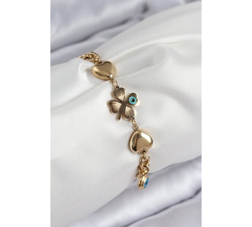 316L Çelik Nazar Boncuk Detaylı Yonca Model Gold Renk Kadın Bileklik - TJ-BB7832