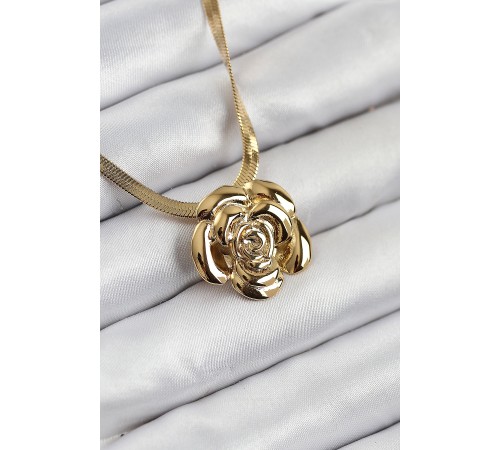 316L Çelik Gül Figürlü İtalyan Zincir Model Gold Renk Kadın Kolye - TJ-BKO10513