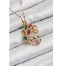 316L Çelik Zirkon Taşlı Tavus Kuşu Model Gold Renk Kadın Kolye - TJ-BKO10514