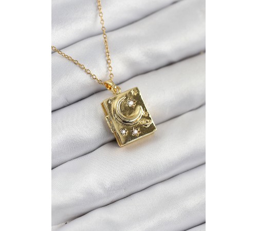 316L Çelik Zirkon Taşlı Açılabilr Kapaklı Kitap Model Gold Renk Kadın Kolye - TJ-BKO10515