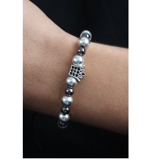 Doğal Taş Kral Tacı Model Gümüş Ve Füme Renk Asansörlü Erkek Bileklik - TJ-EB3757