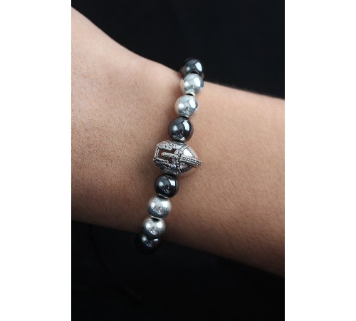 Doğal Taş Gladyatör Model Gümüş Ve Füme Renk Asansörlü Erkek Bileklik - TJ-EB3758