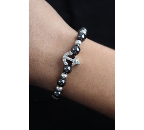 Doğal Taş Çapa Model Gümüş Ve Füme Renk Asansörlü Erkek Bileklik - TJ-EB3762