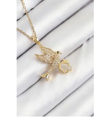 316L Çelik Zirkon Taşlı Yüzüklü Kuş Model Gold Renk Kadın Kolye - TJ-BKO10521