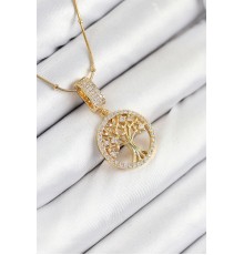 316L Çelik Zirkon Taşlı Hayat Ağacı Model Gold Renk Kadın Kolye - TJ-BKO10525