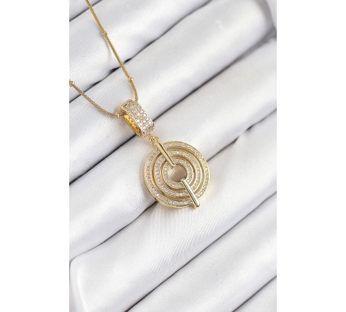 316L Çelik Zirkon Taşlı Çember Model Gold Renk Kadın Kolye - TJ-BKO10527