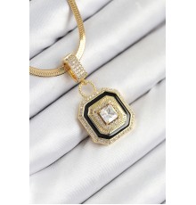 316L Çelik Zirkon Taşlı Siyah Detaylı Baget Model Gold Renk Kadın Kolye - TJ-BKO10529