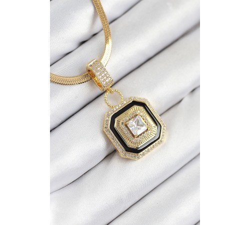 316L Çelik Zirkon Taşlı Siyah Detaylı Baget Model Gold Renk Kadın Kolye - TJ-BKO10529