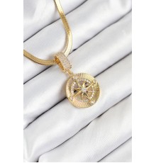 316L Çelik Zirkon Taşlı Pusula Model Gold Renk Kadın Kolye - TJ-BKO10532
