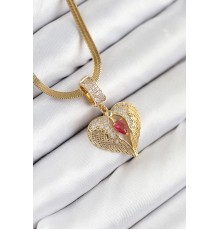 316L Çelik Zirkon Taşlı Kanatlı Kalp Model Gold Renk Kadın Kolye - TJ-BKO10533