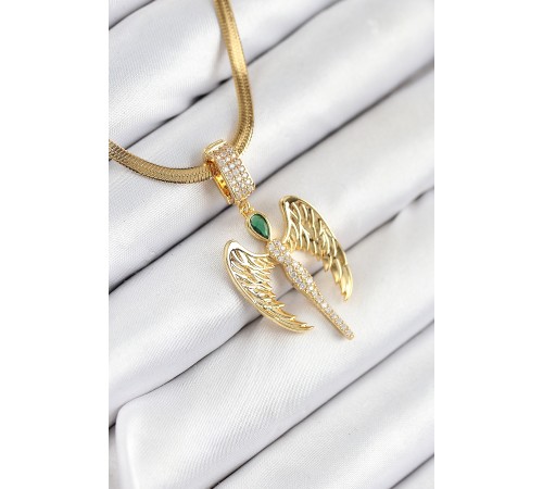 316L Çelik Zirkon Taşlı Melek Model Gold Renk Kadın Kolye - TJ-BKO10534