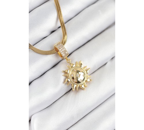316L Çelik Zirkon Taşlı Güneş Model Gold Renk Kadın Kolye - TJ-BKO10535