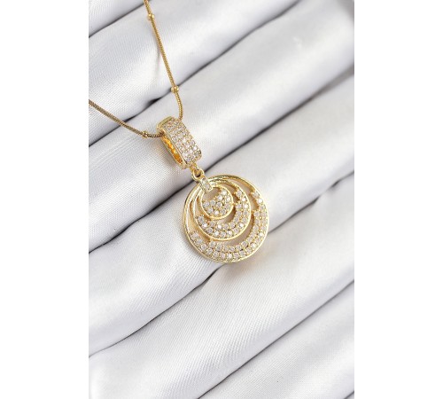 316L Çelik Zirkon Taşlı Çember Model Gold Renk Kadın Kolye - TJ-BKO10542