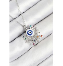 316L Çelik Zirkon Taşlı Nazar Model Gümüş Renk Kadın Kolye - TJ-BKO10543