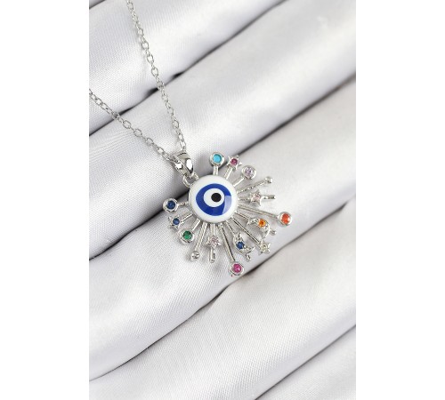 316L Çelik Zirkon Taşlı Nazar Model Gümüş Renk Kadın Kolye - TJ-BKO10543