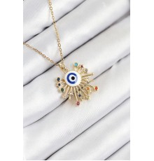 316L Çelik Zirkon Taşlı Nazar Model Gold Renk Kadın Kolye - TJ-BKO10544