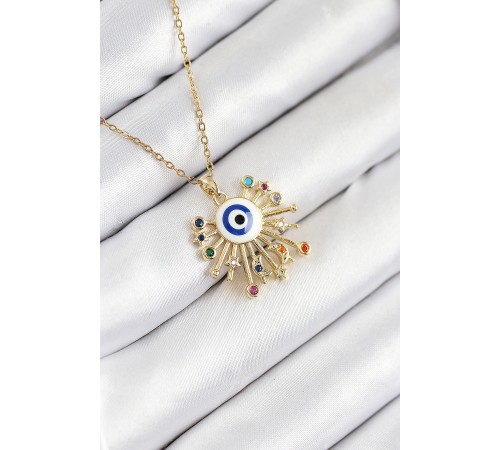 316L Çelik Zirkon Taşlı Nazar Model Gold Renk Kadın Kolye - TJ-BKO10544