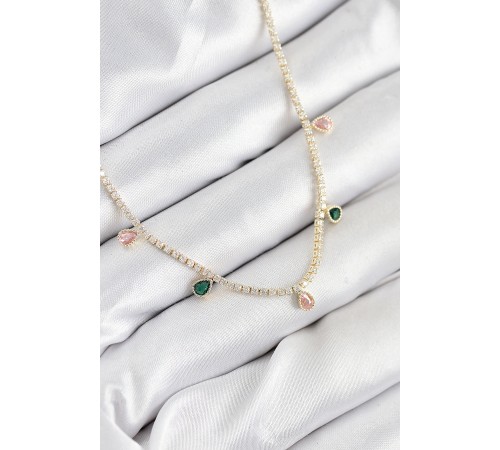 Pirinç Zirkon Taşlı Su Yolu Damla Model Gold Renk Kadın Kolye - TJ-BKO10545