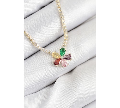 Pirinç Zirkon Taşlı Su Yolu Asorti Çiçek Model Gold Renk Kadın Kolye - TJ-BKO10546