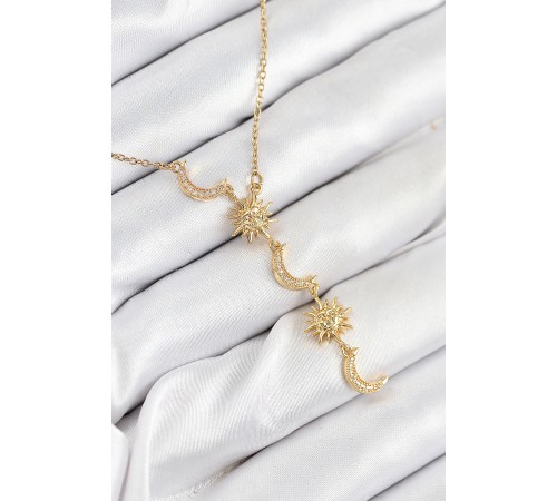 316L Çelik Zirkon Taşlı Güneş Ve Ay Model Gold Renk Kadın Kolye - TJ-BKO10548