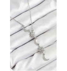 316L Çelik Zirkon Taşlı Güneş Ve Ay Model Gümüş Renk Kadın Kolye - TJ-BKO10549