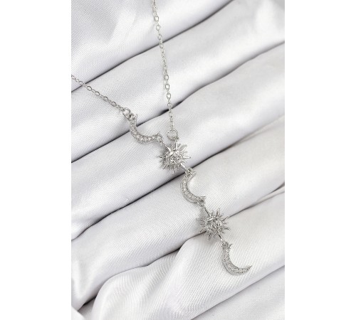 316L Çelik Zirkon Taşlı Güneş Ve Ay Model Gümüş Renk Kadın Kolye - TJ-BKO10549