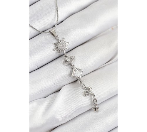 316L Çelik Zirkon Taşlı Güneş Ve Ay Enerji Model Gümüş Renk Kadın Kolye - TJ-BKO10551