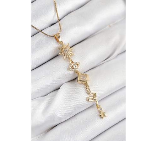316L Çelik Zirkon Taşlı Güneş Ve Ay Enerji Model Gold Renk Kadın Kolye - TJ-BKO10550