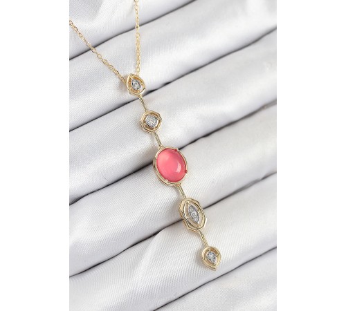 Pirinç Zincir Pembe Gold Renk Zirkon Taşlı Y Kolye - TJ-BKO10556