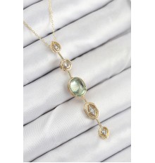 Pirinç Zincir Yeşil Gold Renk Zirkon Taşlı Y Kolye - TJ-BKO10557