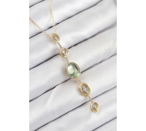 Pirinç Zincir Yeşil Gold Renk Zirkon Taşlı Y Kolye - TJ-BKO10557