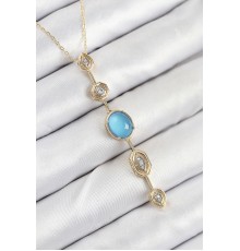 Pirinç Zincir Mavi Gold Renk Zirkon Taşlı Y Kolye - TJ-BKO10558