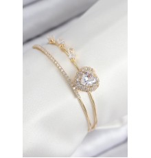 Pirinç Zirkon Taşlı Kalp Model Gold Renk Kadın Bileklik - TJ-BB7855