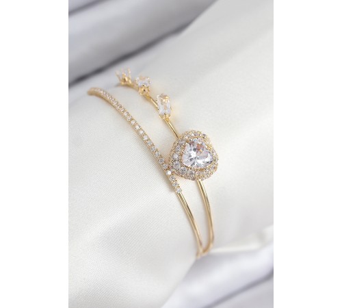 Pirinç Zirkon Taşlı Kalp Model Gold Renk Kadın Bileklik - TJ-BB7855