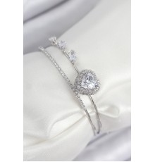 Pirinç Zirkon Taşlı Kalp Model Gümüş Renk Kadın Bileklik - TJ-BB7856