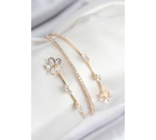 Pirinç Zirkon Taşlı Çiçek Model Gold Renk Kadın Bileklik - TJ-BB7859