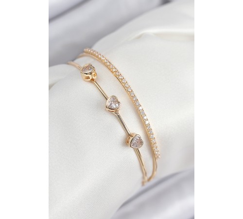 Pirinç Zirkon Taşlı Kalp Model Gold Renk Kadın Bileklik - TJ-BB7861