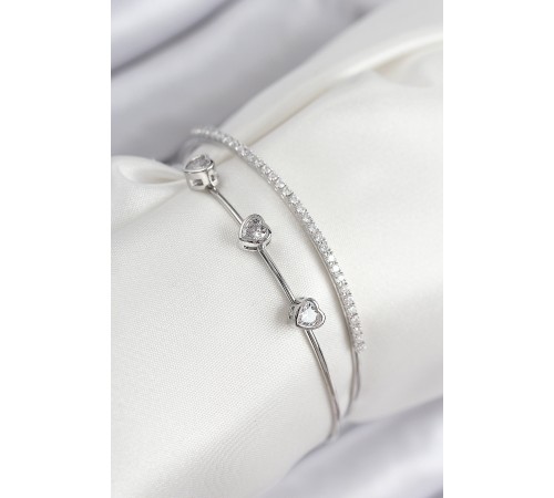 Pirinç Zirkon Taşlı Kalp Model Gümüş Renk Kadın Bileklik - TJ-BB7862