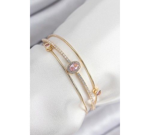 Pirinç Zirkon Taşlı Baget Model Gold Renk Kadın Bileklik - TJ-BB7863