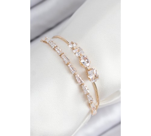 Pirinç Zirkon Taşlı Su Yolu Model Gold Renk Kadın Bileklik - TJ-BB7865
