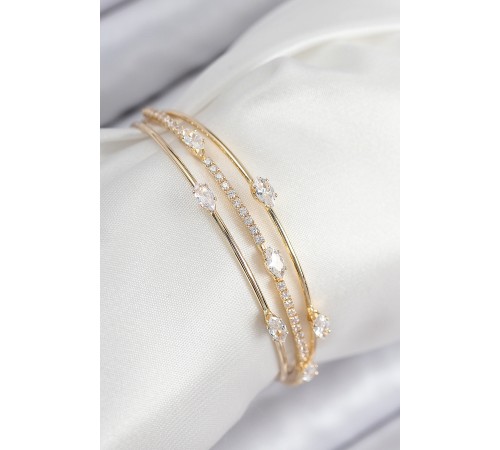 Pirinç Zirkon Taşlı Su Yolu Model Gold Renk Kadın Bileklik - TJ-BB7867