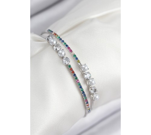 Pirinç Zirkon Taşlı İnci Model Gümüş Renk Kadın Bileklik - TJ-BB7876