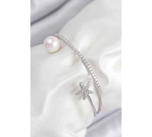 Pirinç Zirkon Taşlı Yıldız Ve İnci Model Gümüş Renk Kadın Bileklik - TJ-BB7884