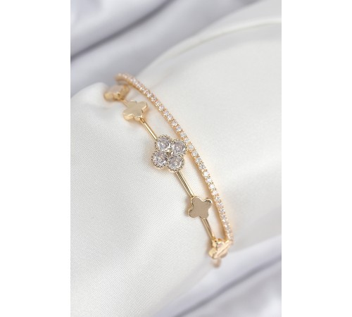 Pirinç Zirkon Taşlı Yonca Model Gold Renk Kadın Bileklik - TJ-BB7885